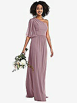 Alt View 1 Thumbnail - Dusty Rose One-Shoulder Bell Sleeve Chiffon Maxi Dress