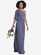 Alt View 1 Thumbnail - French Blue One-Shoulder Bell Sleeve Chiffon Maxi Dress