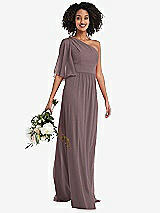 Alt View 1 Thumbnail - French Truffle One-Shoulder Bell Sleeve Chiffon Maxi Dress