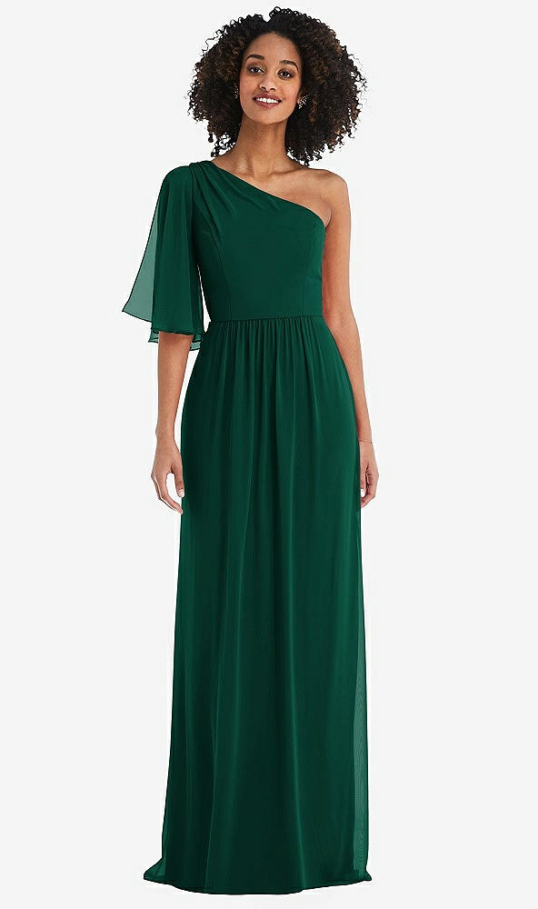 Front View - Hunter Green One-Shoulder Bell Sleeve Chiffon Maxi Dress