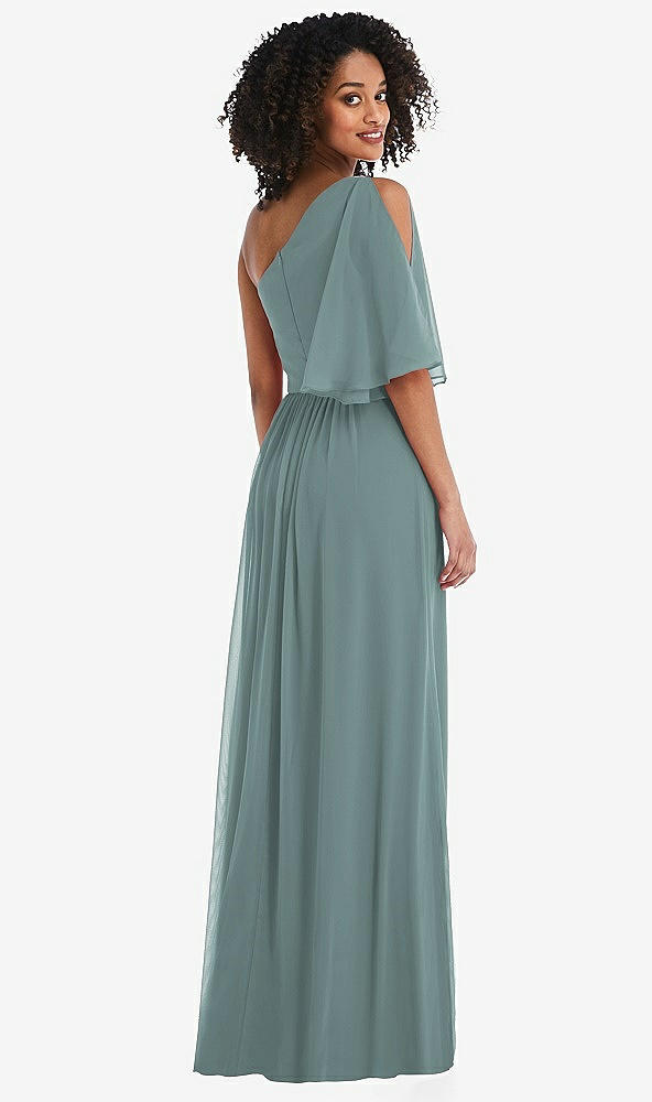 Back View - Icelandic One-Shoulder Bell Sleeve Chiffon Maxi Dress