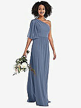 Alt View 1 Thumbnail - Larkspur Blue One-Shoulder Bell Sleeve Chiffon Maxi Dress