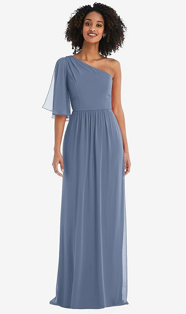 Front View - Larkspur Blue One-Shoulder Bell Sleeve Chiffon Maxi Dress