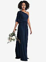 Alt View 1 Thumbnail - Midnight Navy One-Shoulder Bell Sleeve Chiffon Maxi Dress