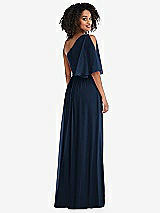 Rear View Thumbnail - Midnight Navy One-Shoulder Bell Sleeve Chiffon Maxi Dress