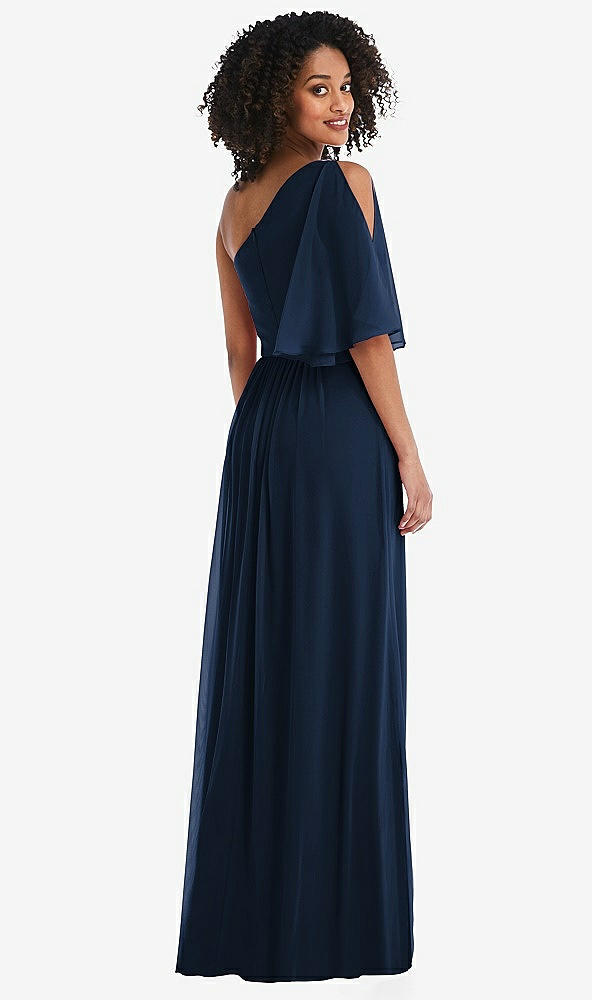 Back View - Midnight Navy One-Shoulder Bell Sleeve Chiffon Maxi Dress