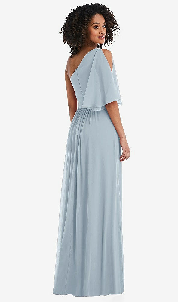 Back View - Mist One-Shoulder Bell Sleeve Chiffon Maxi Dress