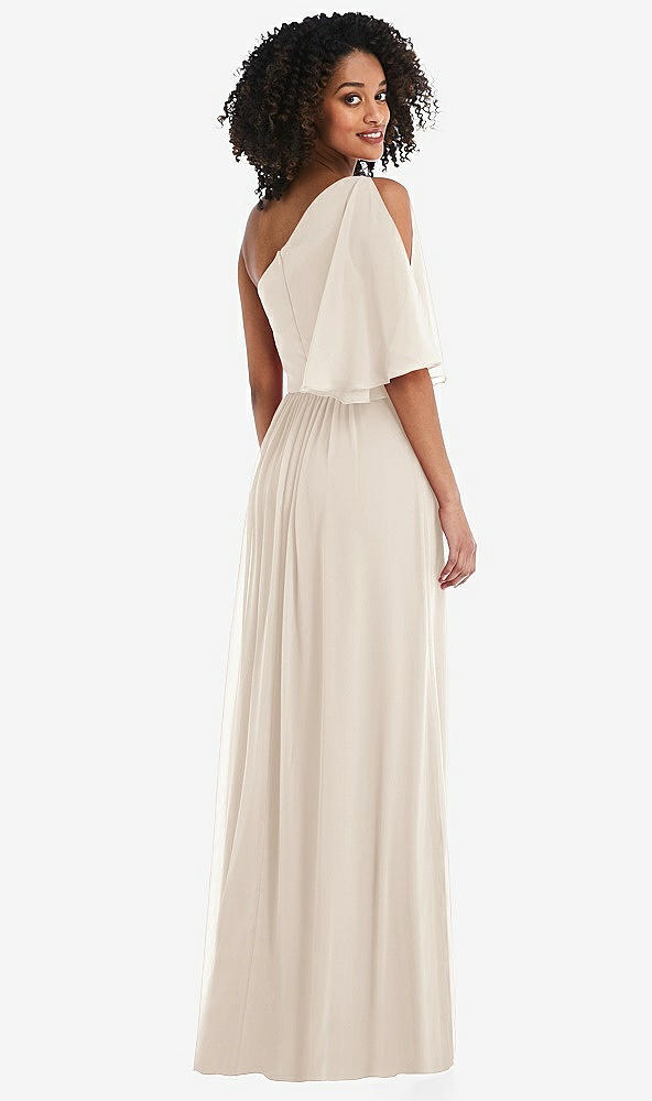 Back View - Oat One-Shoulder Bell Sleeve Chiffon Maxi Dress