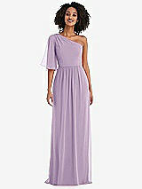 Front View Thumbnail - Pale Purple One-Shoulder Bell Sleeve Chiffon Maxi Dress