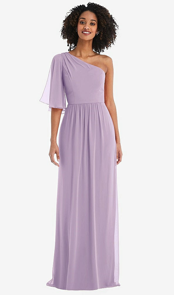 Front View - Pale Purple One-Shoulder Bell Sleeve Chiffon Maxi Dress