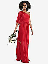 Alt View 1 Thumbnail - Parisian Red One-Shoulder Bell Sleeve Chiffon Maxi Dress