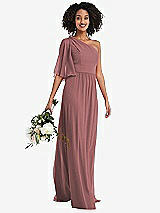 Alt View 1 Thumbnail - Rosewood One-Shoulder Bell Sleeve Chiffon Maxi Dress