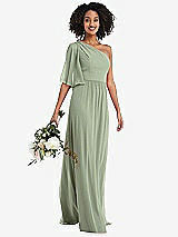 Alt View 1 Thumbnail - Sage One-Shoulder Bell Sleeve Chiffon Maxi Dress