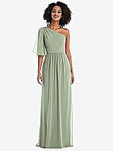 Front View Thumbnail - Sage One-Shoulder Bell Sleeve Chiffon Maxi Dress