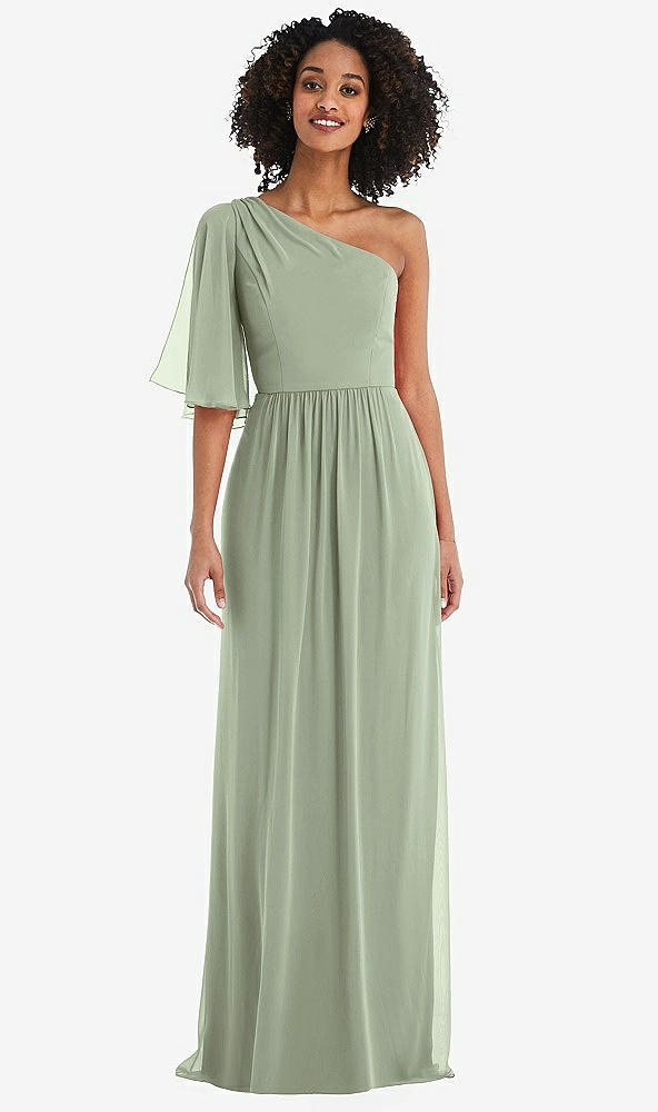 Front View - Sage One-Shoulder Bell Sleeve Chiffon Maxi Dress