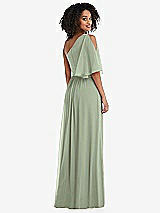 Rear View Thumbnail - Sage One-Shoulder Bell Sleeve Chiffon Maxi Dress