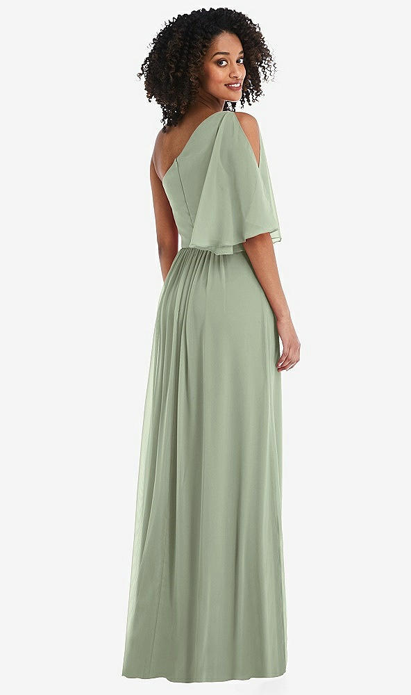 Back View - Sage One-Shoulder Bell Sleeve Chiffon Maxi Dress