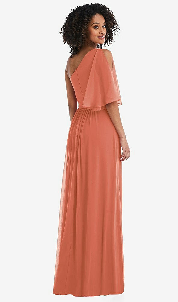 Back View - Terracotta Copper One-Shoulder Bell Sleeve Chiffon Maxi Dress