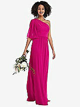 Alt View 1 Thumbnail - Think Pink One-Shoulder Bell Sleeve Chiffon Maxi Dress