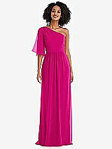 Front View Thumbnail - Think Pink One-Shoulder Bell Sleeve Chiffon Maxi Dress