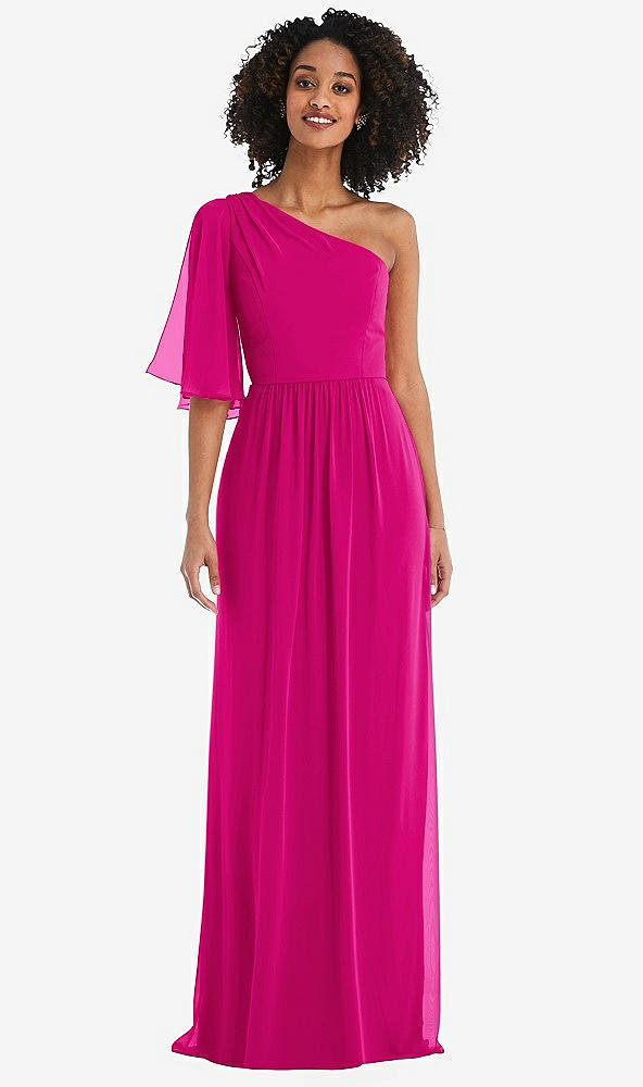 Front View - Think Pink One-Shoulder Bell Sleeve Chiffon Maxi Dress