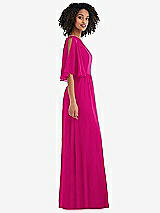 Side View Thumbnail - Think Pink One-Shoulder Bell Sleeve Chiffon Maxi Dress