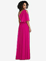 Rear View Thumbnail - Think Pink One-Shoulder Bell Sleeve Chiffon Maxi Dress