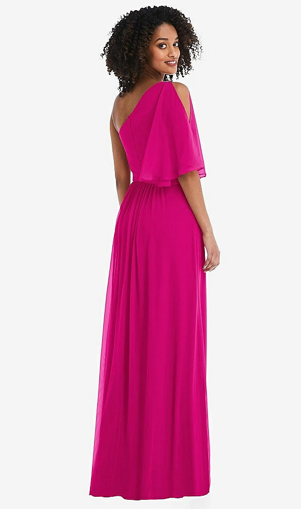 Back View - Think Pink One-Shoulder Bell Sleeve Chiffon Maxi Dress