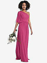 Alt View 1 Thumbnail - Tea Rose One-Shoulder Bell Sleeve Chiffon Maxi Dress