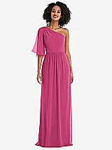 Front View Thumbnail - Tea Rose One-Shoulder Bell Sleeve Chiffon Maxi Dress