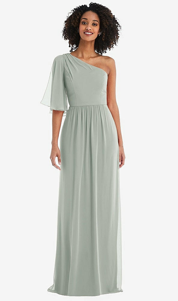 Front View - Willow Green One-Shoulder Bell Sleeve Chiffon Maxi Dress