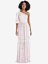 Front View Thumbnail - Watercolor Print One-Shoulder Bell Sleeve Chiffon Maxi Dress