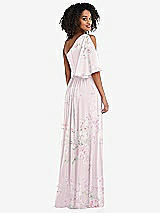 Rear View Thumbnail - Watercolor Print One-Shoulder Bell Sleeve Chiffon Maxi Dress