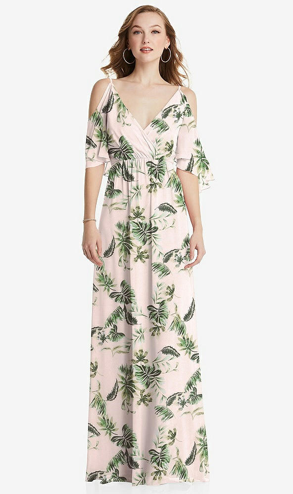 Front View - Palm Beach Print Convertible Cold-Shoulder Draped Wrap Maxi Dress