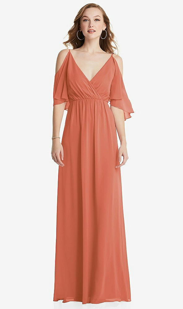 Front View - Terracotta Copper Convertible Cold-Shoulder Draped Wrap Maxi Dress