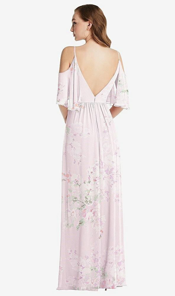 Back View - Watercolor Print Convertible Cold-Shoulder Draped Wrap Maxi Dress