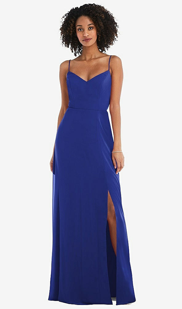 Front View - Cobalt Blue Tie-Back Cutout Maxi Dress with Front Slit