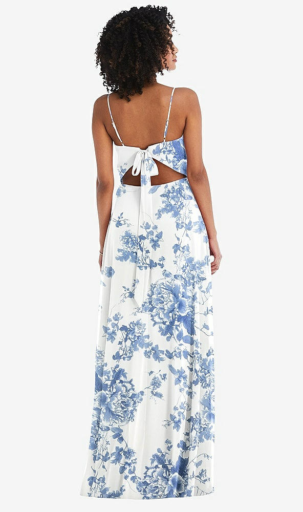 Back View - Cottage Rose Dusk Blue Tie-Back Cutout Maxi Dress with Front Slit