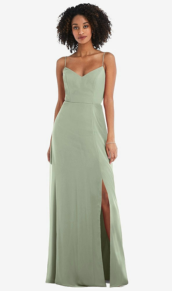 Front View - Sage Tie-Back Cutout Maxi Dress with Front Slit