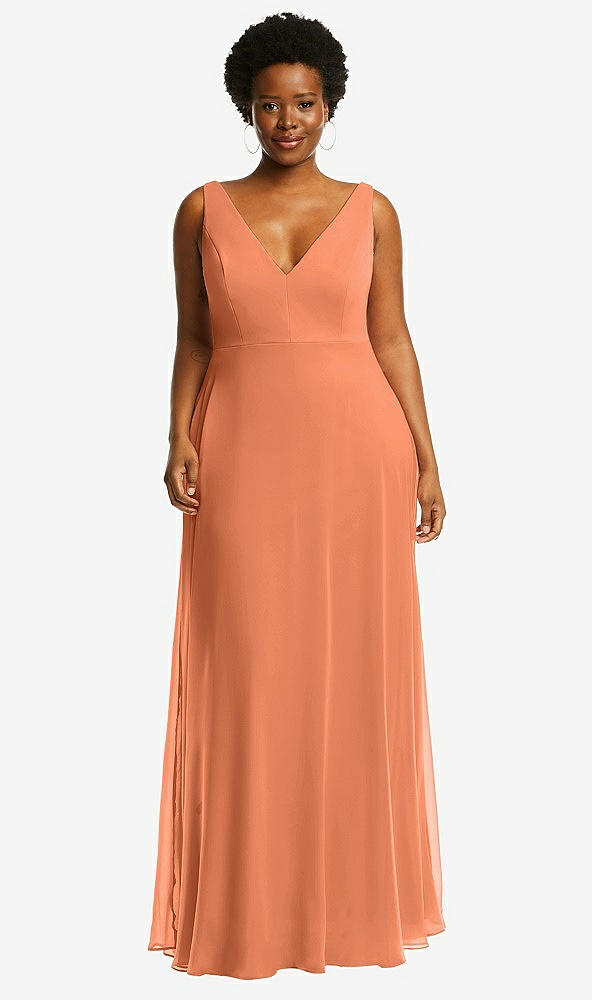 Front View - Sweet Melon Deep V-Neck Chiffon Maxi Dress