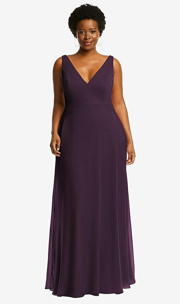 Front View - Aubergine Deep V-Neck Chiffon Maxi Dress