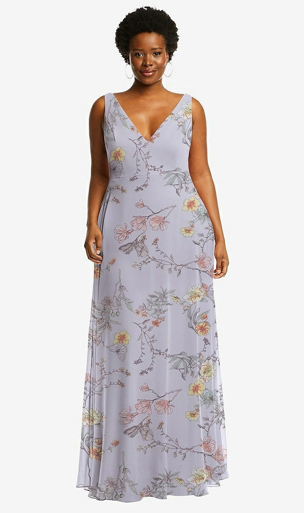 Front View - Butterfly Botanica Silver Dove Deep V-Neck Chiffon Maxi Dress