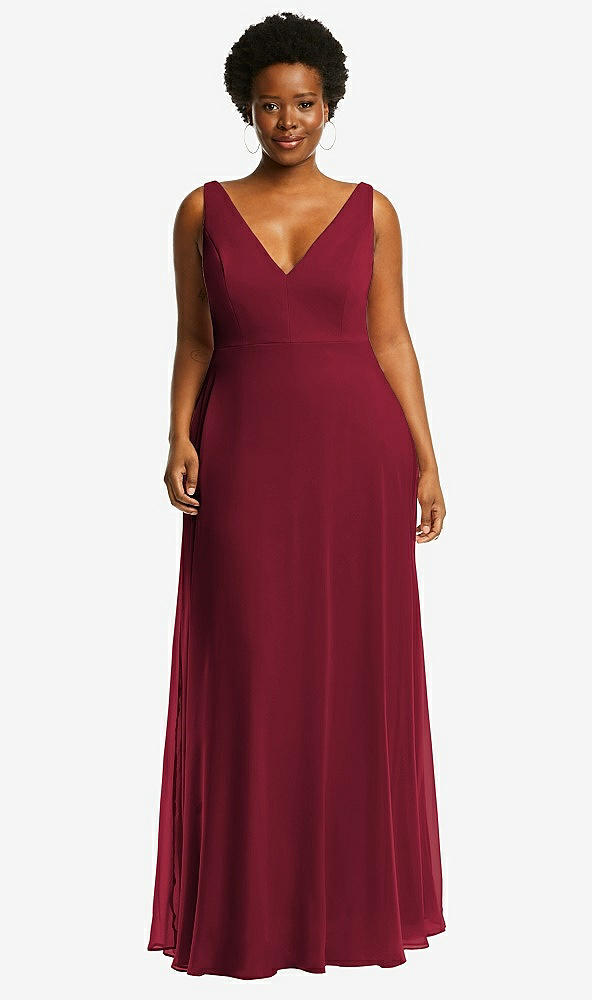 Front View - Burgundy Deep V-Neck Chiffon Maxi Dress