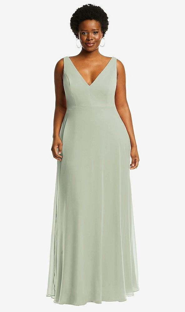 Front View - Celadon Deep V-Neck Chiffon Maxi Dress