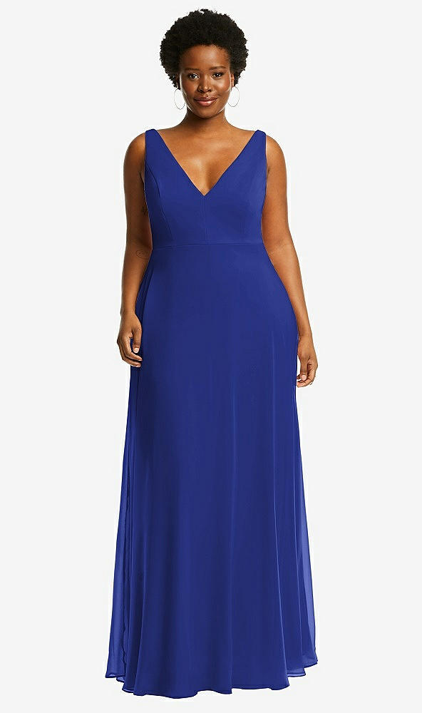 Front View - Cobalt Blue Deep V-Neck Chiffon Maxi Dress