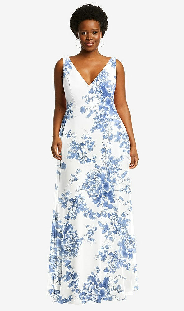 Front View - Cottage Rose Dusk Blue Deep V-Neck Chiffon Maxi Dress