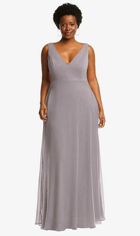 Front View - Cashmere Gray Deep V-Neck Chiffon Maxi Dress