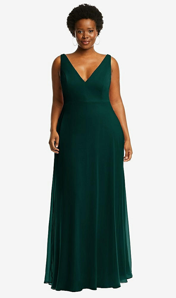 Front View - Evergreen Deep V-Neck Chiffon Maxi Dress