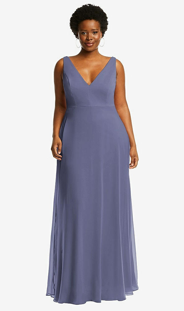 Front View - French Blue Deep V-Neck Chiffon Maxi Dress