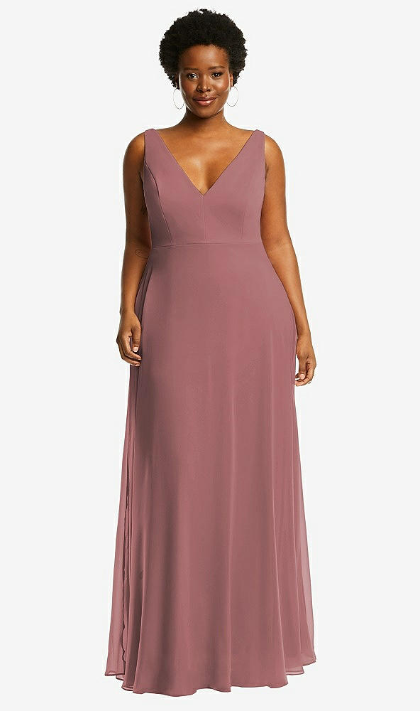 Front View - Rosewood Deep V-Neck Chiffon Maxi Dress